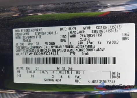 2021 Ford F150 Lariat from USA, damaged, VIN 1FTFW1ED0MFC28416